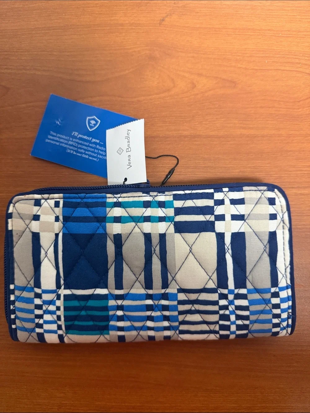 Vera Bradley Quilted Zip-Around Wallet in Navy, Tan and Turquoise Plaid